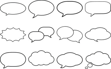 Collection of twelve diverse black and white speech bubble outlines on white background talk bubble chat bubble