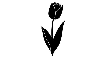 A simple black silhouette of a single tulip flower with a stem and leaves.