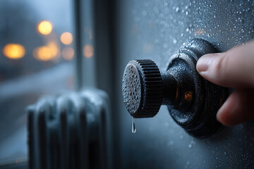 Hand adjusting radiator thermostat to eco mode in cozy evening interior