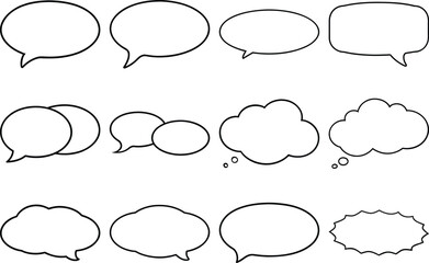 Collection of twelve black outline speech and thought bubbles on white speech bubble comic