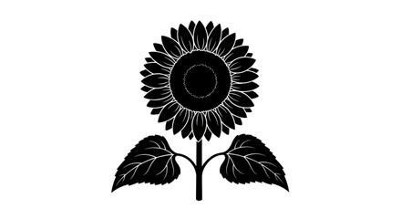 Silhouette of a Detailed Sunflower with Leaves and Stem.