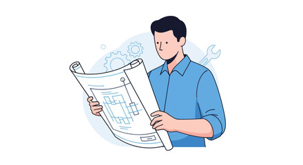 Architect Examining Detailed Blueprints with Focused Concentration.