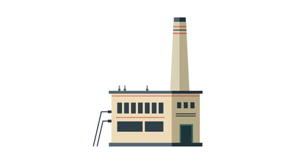 Isolated Cream-Colored Factory Building with Tall Chimney and Rectangular Windows.