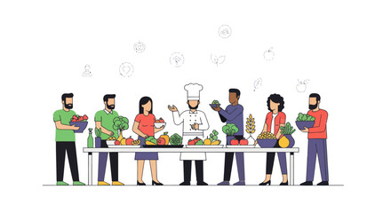 Group of diverse people cooking together with a chef preparing fresh vegetables and ingredients.
