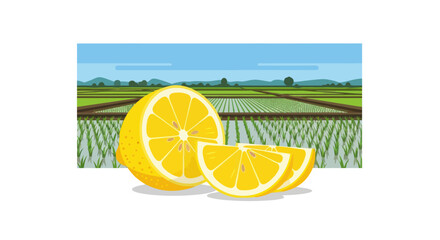 Vibrant Cut Lemon and Slices with a Green Farm Field Landscape.