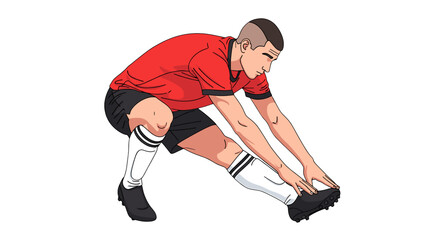 Fototapeta premium The athlete, wearing a red shirt, stretches his right leg and touches his toes as part of his training routine.