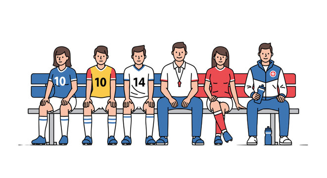 A diverse soccer team and coach sit on the bench, united in their anticipation for the next play and eager to win.