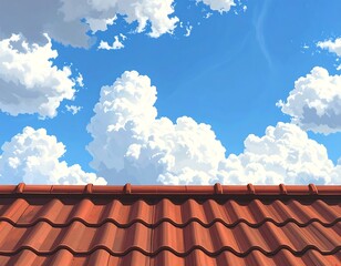 Cartoon-style blue sky with fluffy clouds, over a red tile roof