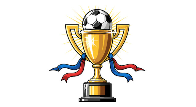 Vector illustration of a golden trophy cup topped with a soccer ball, radiating light, adorned with red and blue ribbons.
