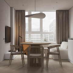 Modern dining area with round table, warm lighting, and large windows overlooking the city.