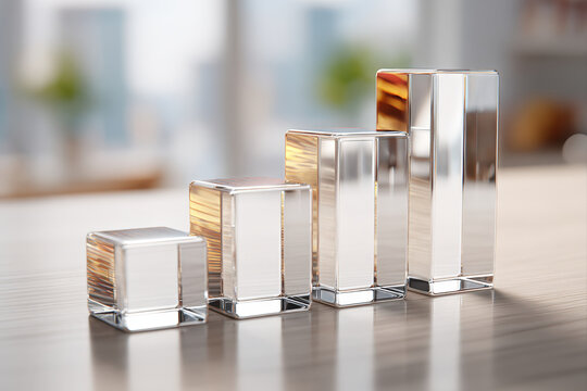 Transparent acrylic bars arranged as a minimalistic bar chart on a clean desk