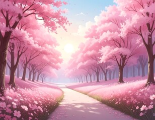 Beautiful pathway through a forest of cherry blossom trees in full bloom