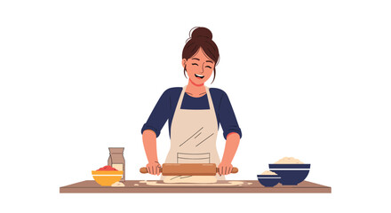 Happy woman in apron baking and rolling dough on table in preparation for making food at home, cooking concept illustration.