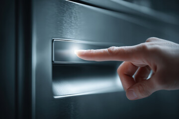 Finger pressing eco-cycle button on modern glossy dishwasher control panel