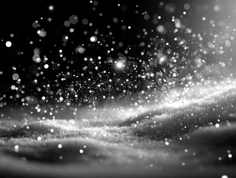 White snowflakes and sparkling bokeh on a black background with a crisp winter effect - Powered by Adobe
