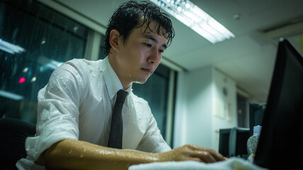 濡れたまま仕事を始める日本人男性の勤勉さの描写