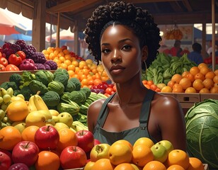 Beautiful Woman at a Farmers Market Surrounded by Fresh Fruits and Vegetables