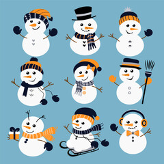 Vector set of blue, orange, and silver snowman icons in flat style on a light blue background. Perfect for Christmas cards, decor, stickers, design.