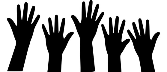 Five black hands raised in unison silhouette arms