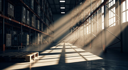 Sunlight streams dramatically through warehouse windows illuminating rows of tall shelving stacked with goods and pallets ready for distribution.