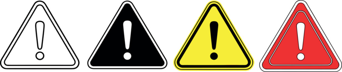 Various Warning Signs in Different Styles Outline, Black, Yellow, and Red Triangular Symbols