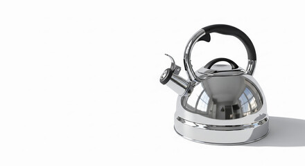 Realistic isolated stainless steel kettle on a clean white background with soft natural reflection.