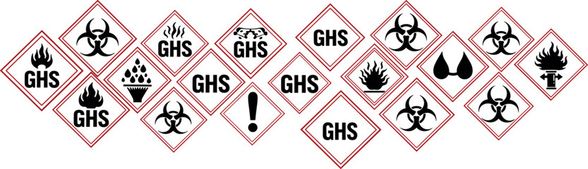 Hazardous chemical safety labels biohazard, health hazard, fire, corrosive, explosive and warning