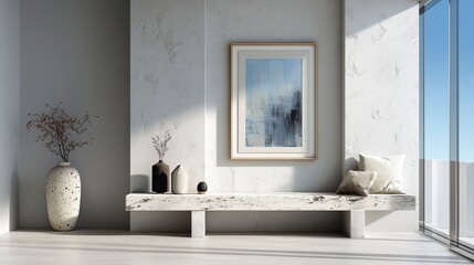 Minimalist Marble Living Room with Abstract Wall Art and Sunlight