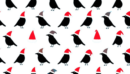 Christmas Crows Pattern Festive Birds Wearing Santa Hats