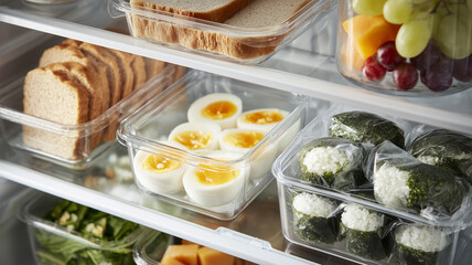 冷蔵庫に整った朝食セットと準備の工夫の描写