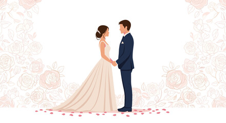 A bride and groom stand holding hands in front of a rosy floral background, looking at each other on their wedding day.