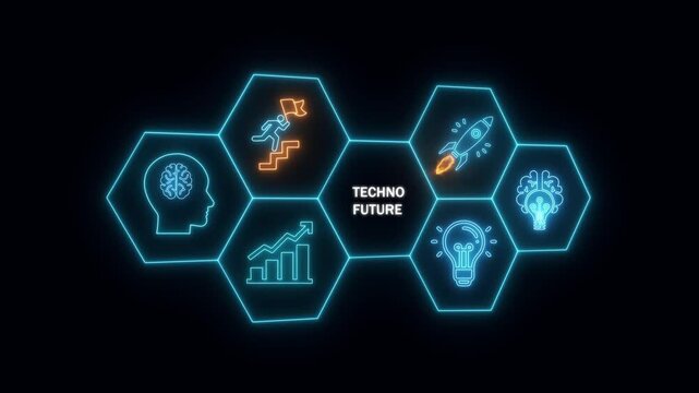 Neon Hexagon Grid With Business and Innovation Icons And Techno Future Text abstract achievement