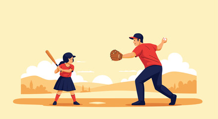 A father pitches to his daughter who is ready to bat, enjoying a sunny day of baseball together.