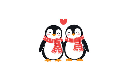 Fototapeta premium Two adorable cartoon penguins in love, wearing matching scarves, with a red heart above them, conveying affection and warmth on a white background.