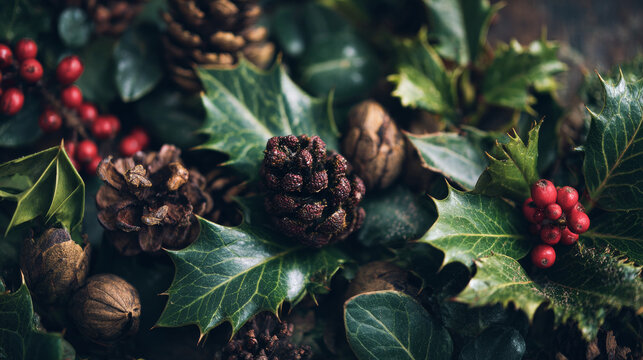 Natural winter and christmas background with holly, ivy, mistletoe, and pine cones for festive seasonal greeting cards