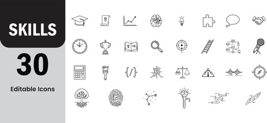 Collection of thirty hand drawn line art icons representing various skills and concepts for business and personal development