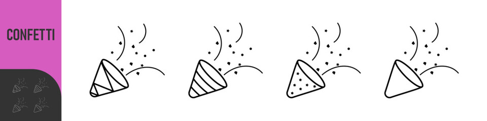 Black and color line icons for confetti. Celebratory confetti cannon explosion in simple line art style. Vector illustration