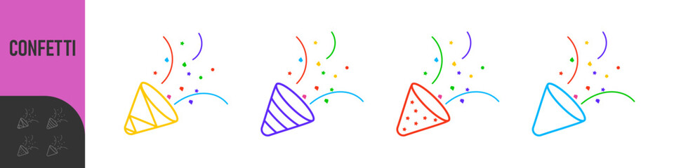 Black and color line icons for confetti. Celebratory confetti cannon explosion in simple line art style. Vector illustration