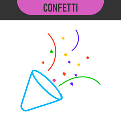 Black and color line icons for confetti. Celebratory confetti cannon explosion in simple line art style. Vector illustration