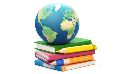 PNG illustration of a globe on top of stacked books with colored pencils around, isolated on transparent background