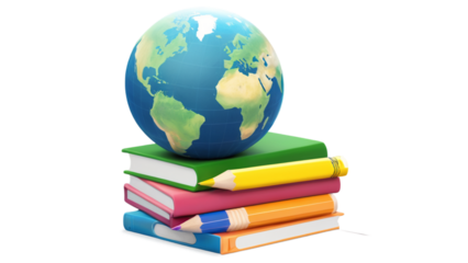 PNG illustration of a globe on top of stacked books with colored pencils around, isolated on transparent background