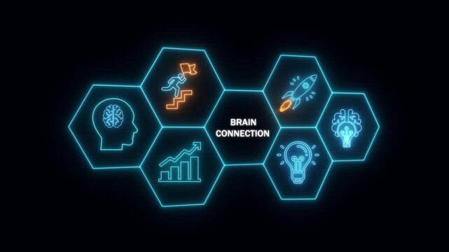 Neon Hexagon Infographic Depicting Brain Connection Concept With Icons Of Brain Rocket Lightbulb And Graph