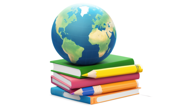 PNG illustration of a globe on top of stacked books with colored pencils around, isolated on transparent background