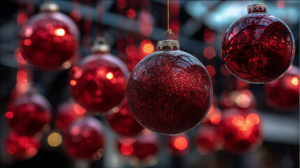 Shiny red baubles with golden ribbons for holiday decoration