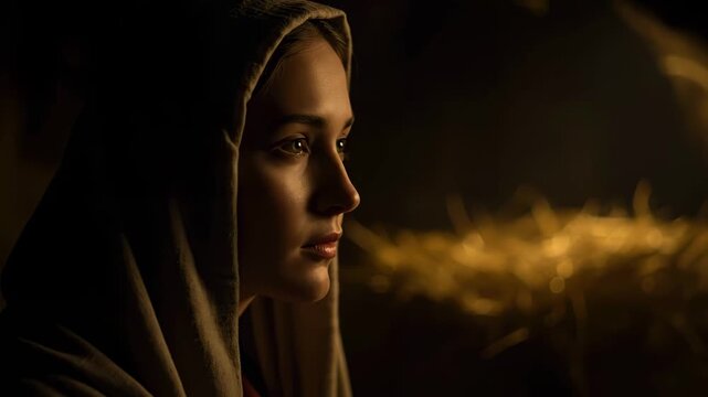 The Virgin Mary looks at the manger, reflecting on the birth of Jesus Christ in the nativity scene, and praying. Video of the Christmas event.