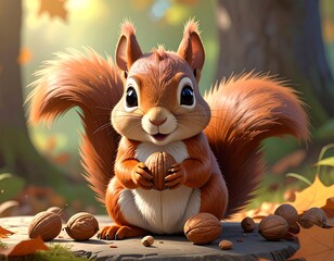 Charming Animated Squirrel Holding a Nut in a Warm Autumn Setting