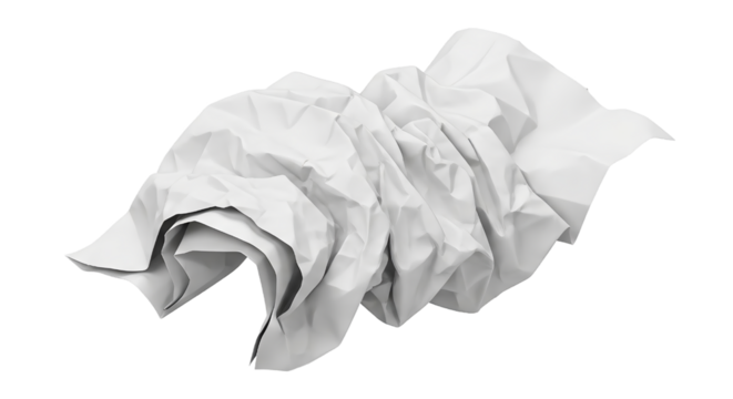 A crumpled piece of white paper isolated on a white background, showing its textured folds and creases.