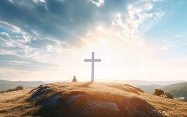 White Cross on Hill at Sunrise Symbolizing Faith and Hope