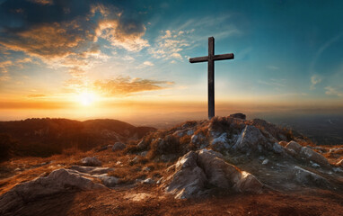 Wooden Cross on Mountain Hill at Sunset