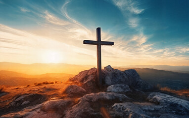 Wooden Cross on Rocky Hill at Sunrise